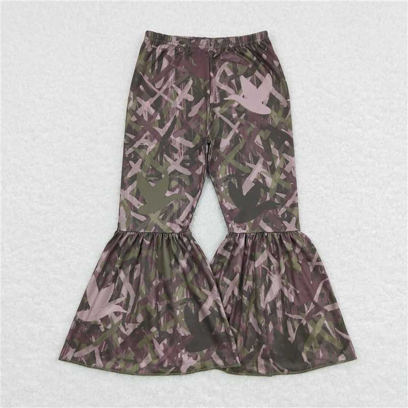 P0311 Sibling Baby Girls Camo Deer Ducks Camouflage Hunting Bell Bottom Flare Pants