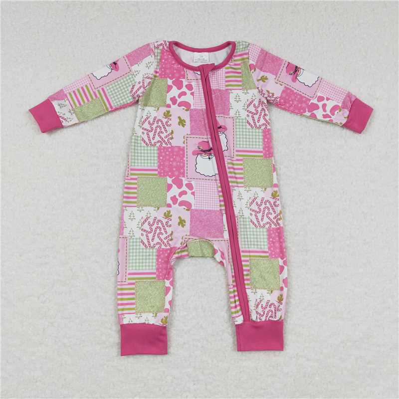 12.2 RTS NO MOQ (In stock)LR0722 Baby Infant Girls Western Pink Christmas Santa Long Sleeve Rompers