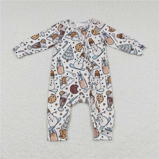 RTS LR0651 Cookies Milk Snowman Christmas Tree Beige Zipper Long Sleeve Bodysuit