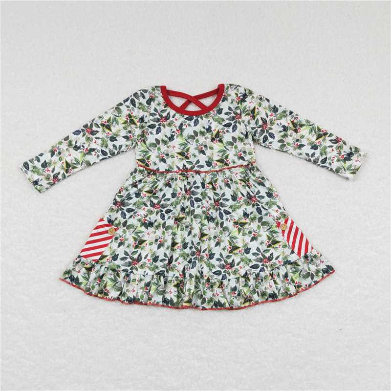 GLD0389 Baby Girls Christmas Green Tree Leaves Knee Length Dresses