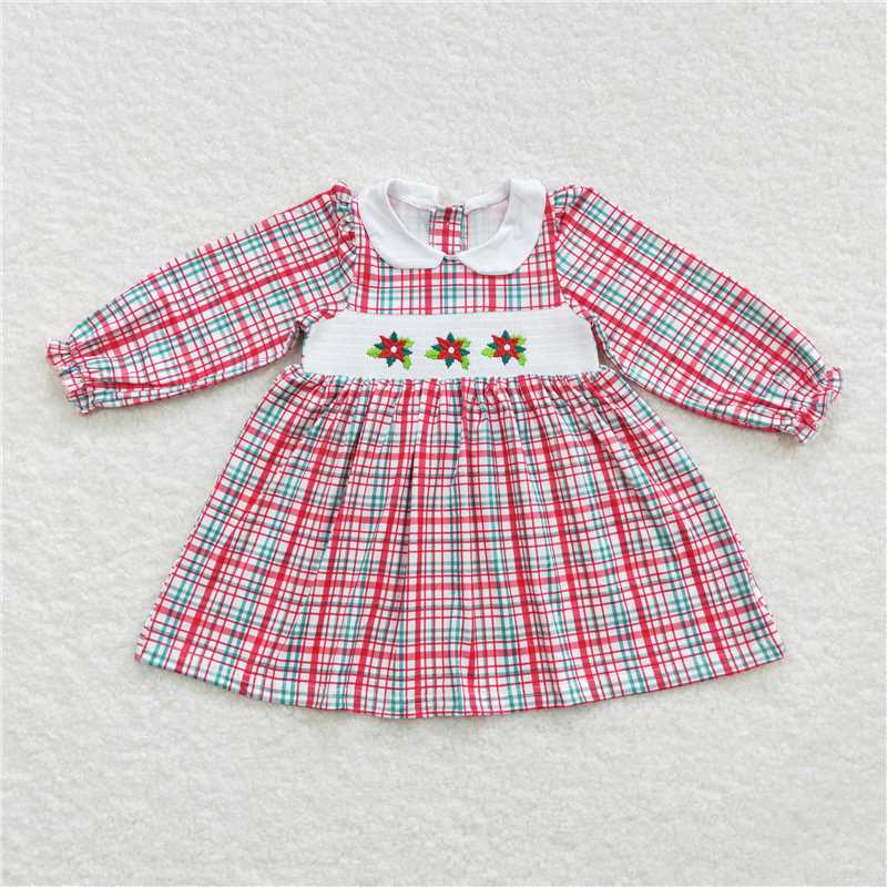 11.24 RTS NO MOQ (In stock)GLD0300 Baby Girls Christmas Leaves Holly Smocked Plaid Dresses