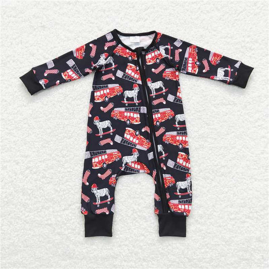 RTS LR0735 Fire Engine Dalmatian Navy Blue Zipper Long Sleeve Bodysuit