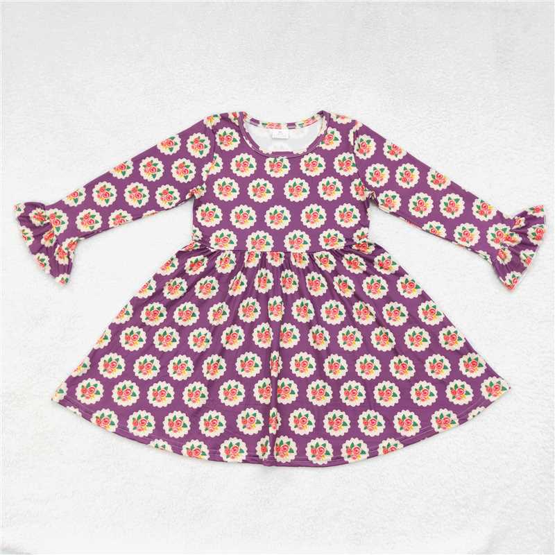 9.30 RTS NO MOQ(In stock)G6-6-2/ Baby Girls Winter Dress Circle Flower Purple Long Sleeve Dress
