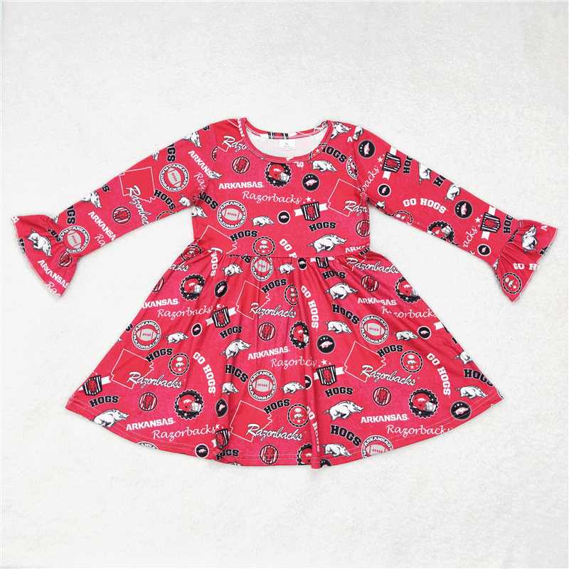 9.30 RTS NO MOQ(In stock)G6-6-2' Baby Girls Winter Dress Letter wild boar burgundy long-sleeved dress