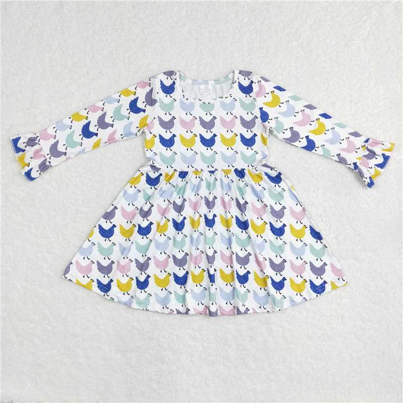 9.23 RTS NO MOQ(In stock)G6-6-1.. Baby Girls Winter Dress Colorful chicken white long-sleeved dress