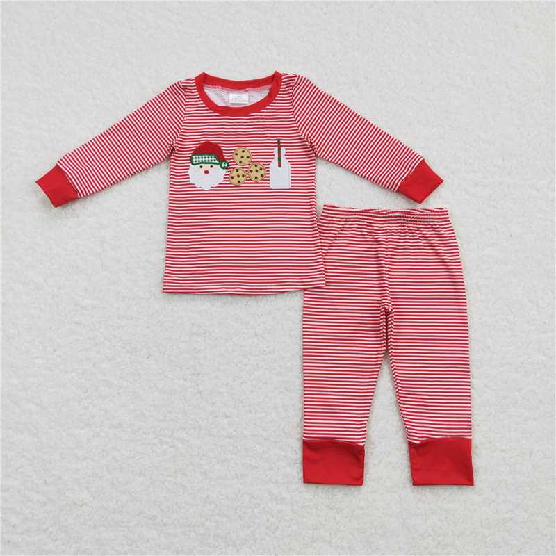 12.6 RTS NO MOQ (In stock)Matching Christmas BLP0390 Baby Boys Christmas Red Stripes Santa Cookie Shirt Pants Pajamas Clothing Sets