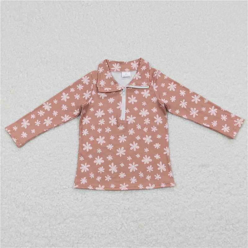 GT0363 Baby Girls Flowers Long Sleeve Zip Pullovers Tops