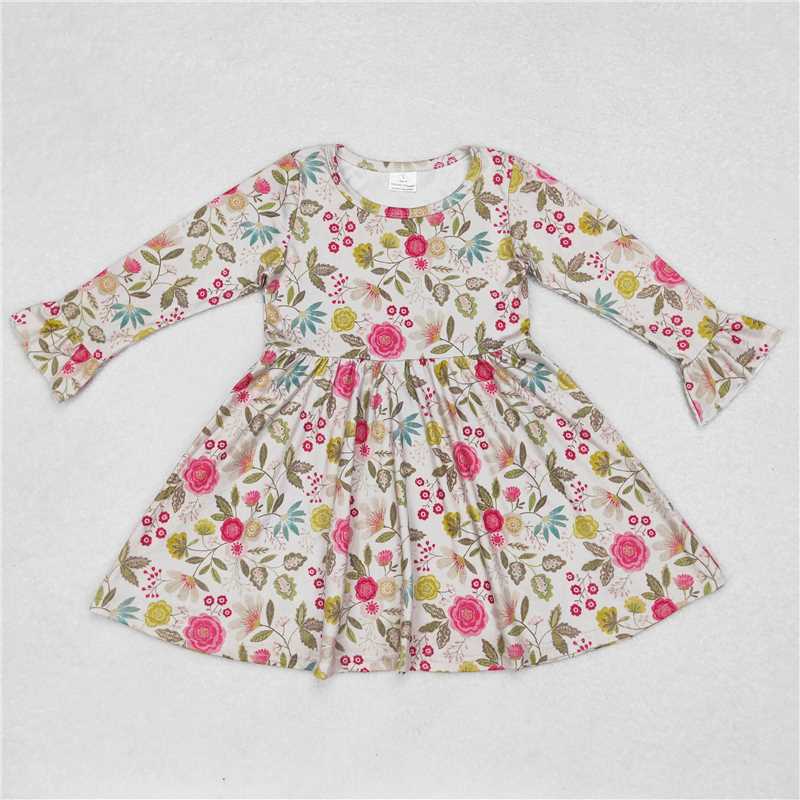 9.27 RTS NO MOQ(In stock)G6-1-7[ Baby Girls Winter Dress Pink green floral gray long-sleeved dress