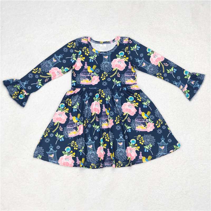 9.30 RTS NO MOQ(In stock)G6-1-7// Baby Girls Winter Dress Pink Flower Birdcage Navy Blue Long Sleeve Dress