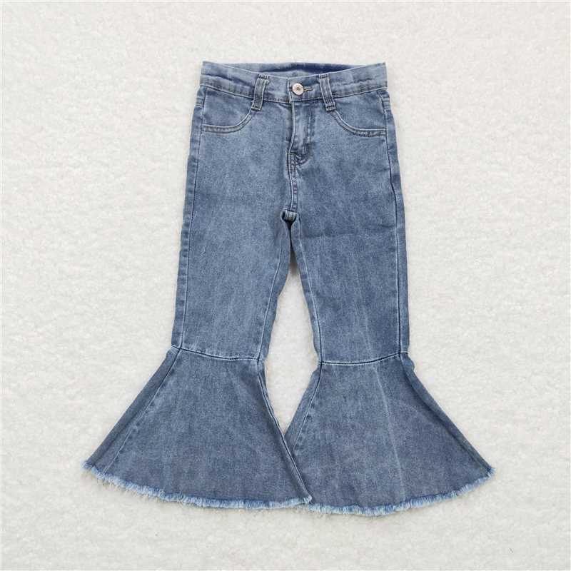 P0325 Baby Girls Light Blue Pockets Bell Denim Flare Pants Jeans