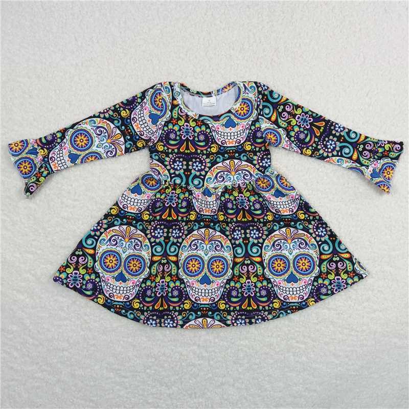 9.19 RTS NO MOQ(In stock)G6-1-5[ Baby Girls Winter Dress Skull colorful pattern long-sleeved dress