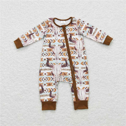 RTS LR0674 Alpine bull head arrow geometric pattern brown zipper long sleeve jumpsuit