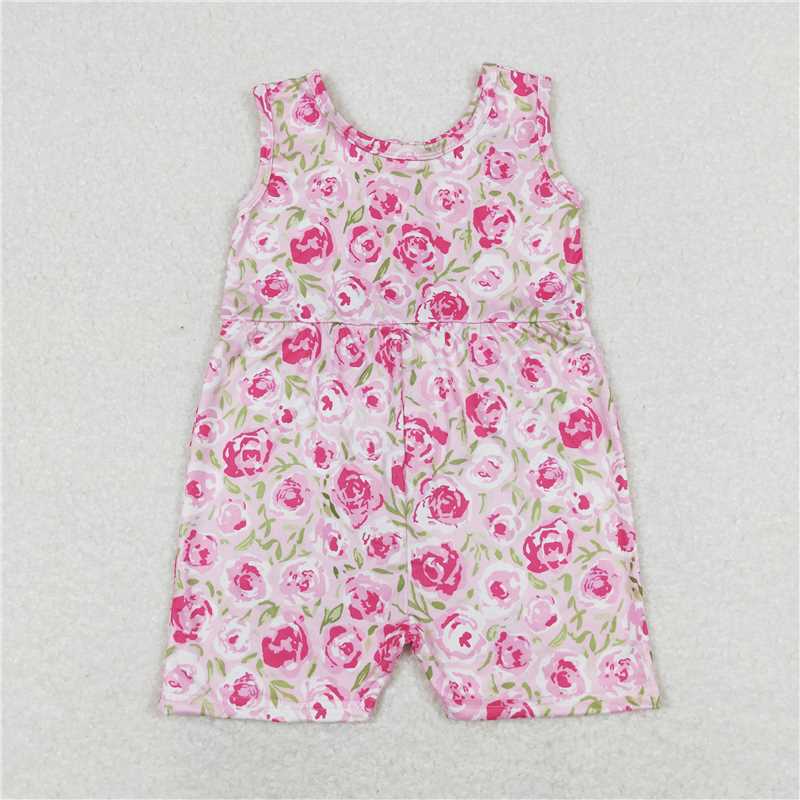 SR1127 Baby Girls Pink Floral Sleeveless Shorts Jumpsuits