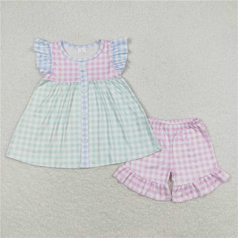 Baby Girls Green Pink Checkered Tunic Ruffle Shorts Clothes Sets