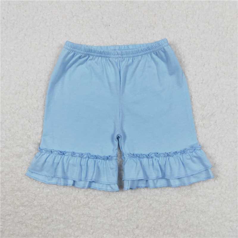 SS0183 Baby Girls Summer Light Blue Cotton Double Ruffle Shorts