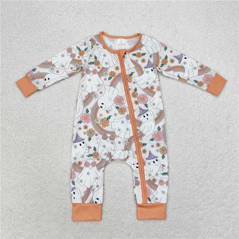 LR0980Ghost rainbow floral baby girls Halloween zipper romper