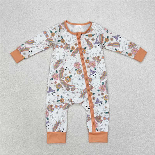 LR0980Ghost rainbow floral baby girls Halloween zipper romper