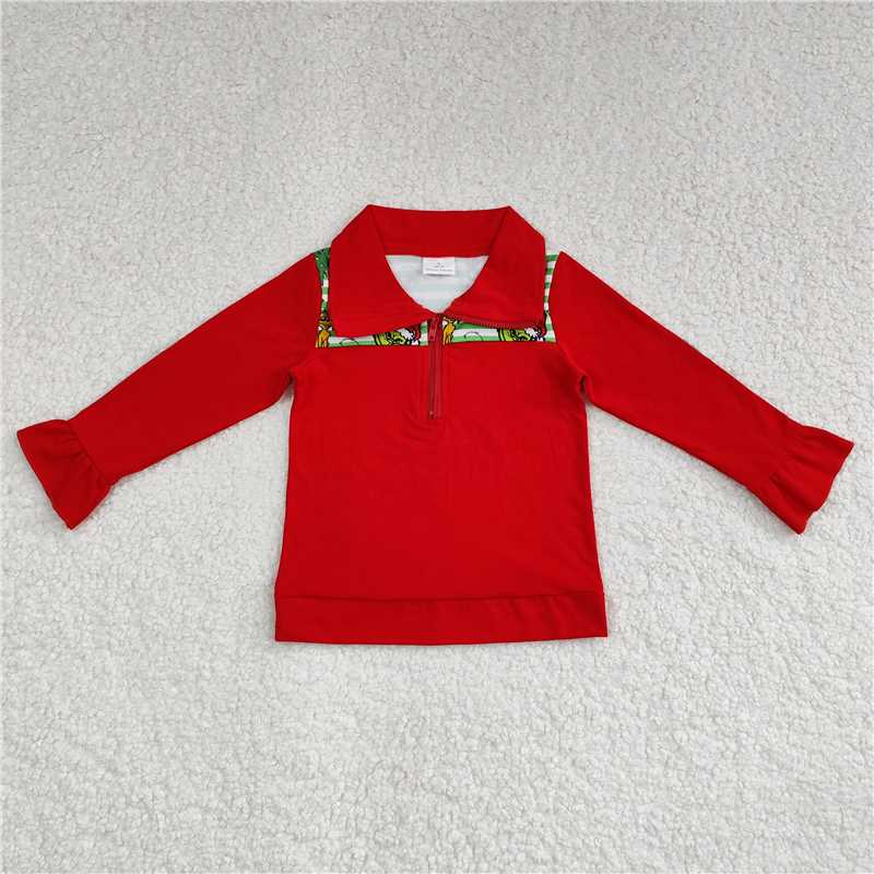 11.19 RTS NO MOQ (In stock)GT0611 Baby Girls Christmas Green Face Zip Pullovers Tops