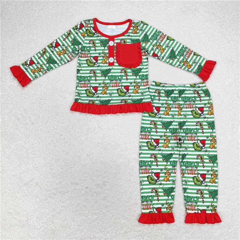 12.10 RTS NO MOQ (In stock)GLP1228 Baby Girls Christmas Green Face Pocket Shirt Pants Pajamas Clothes Sets