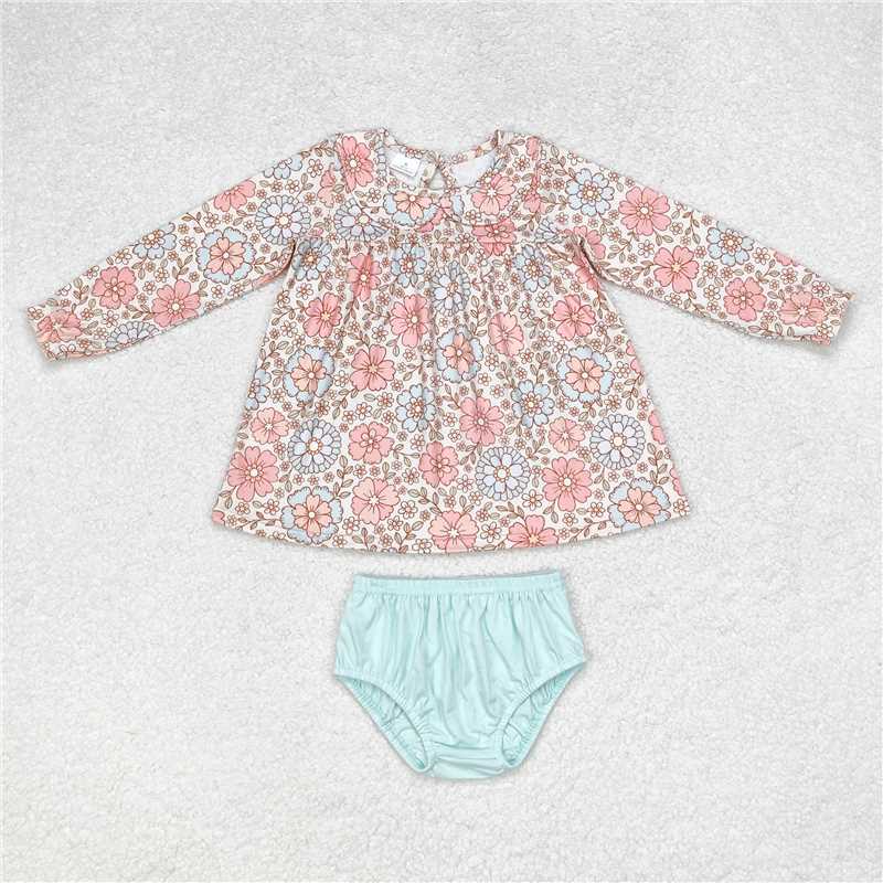 GBO0397 Baby Girls Fall Flowers Tunic Top Blue Bummies Clothes Sets