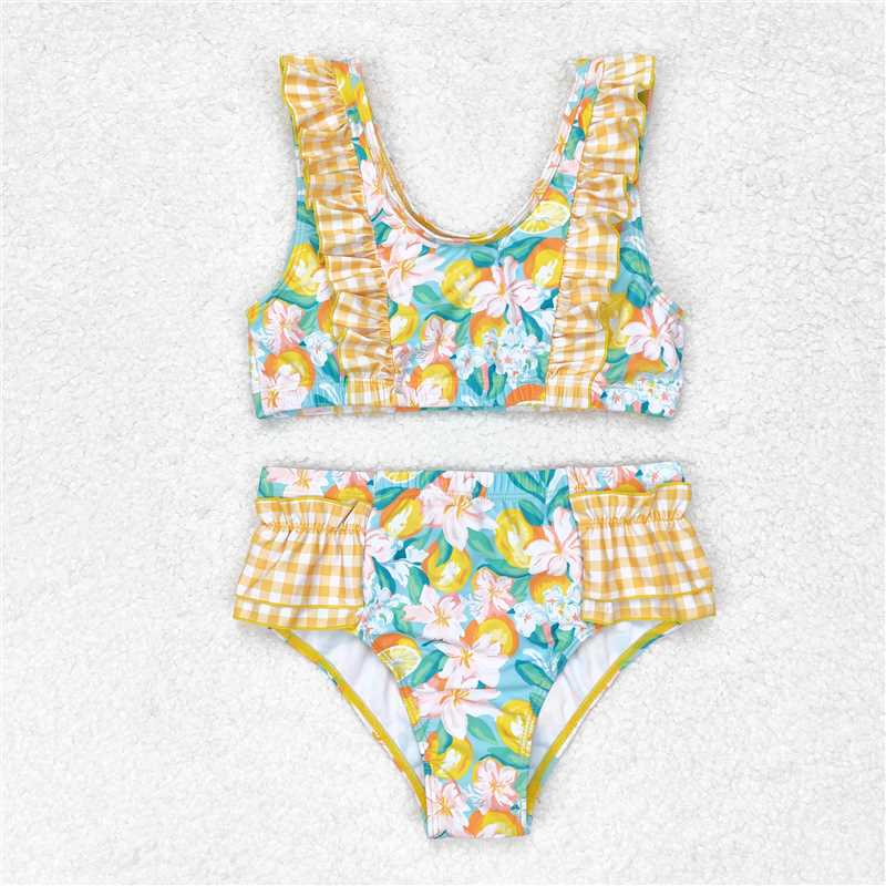 S0343 Baby Girls Summer Orange Ruffle Top Bummie 2pcs Swimsuits