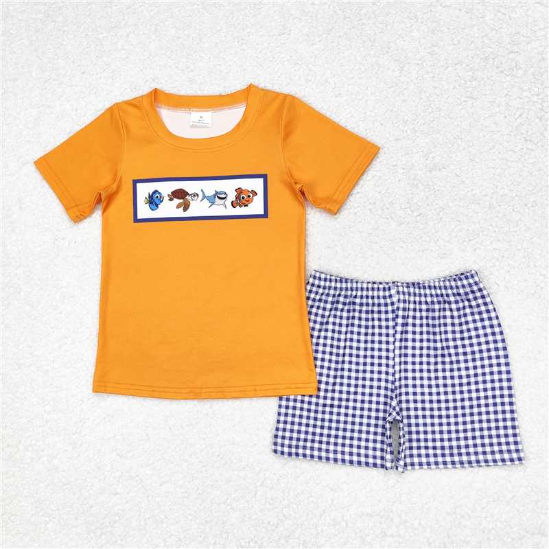 BSSO0964 Baby Boys Orange Fish Shirt Checkered Shorts Clothes Sets