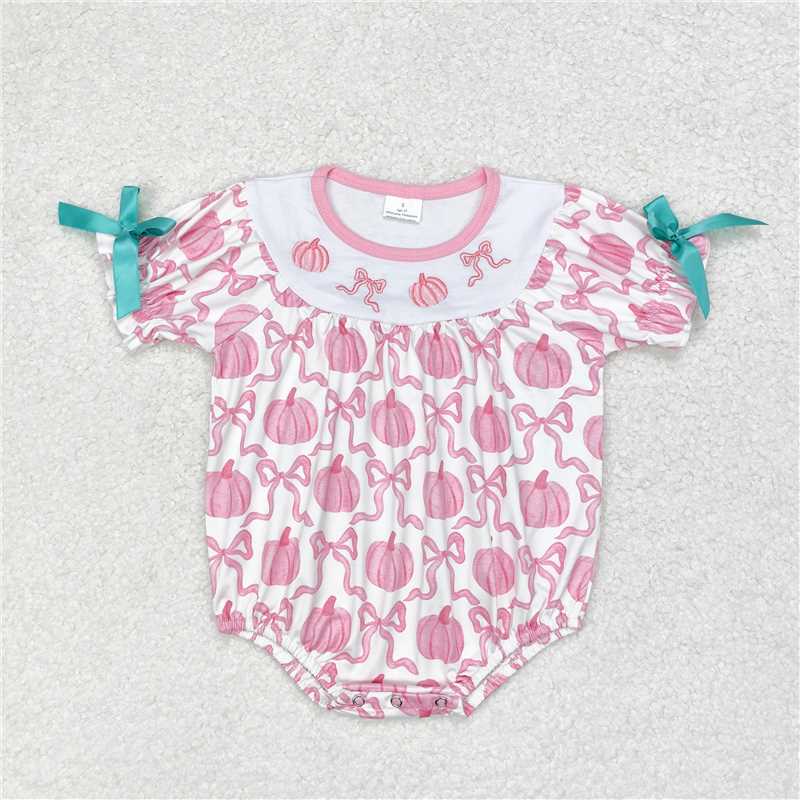 SR1904 Baby Infant Girls Pink Pumpkin Bows Rompers