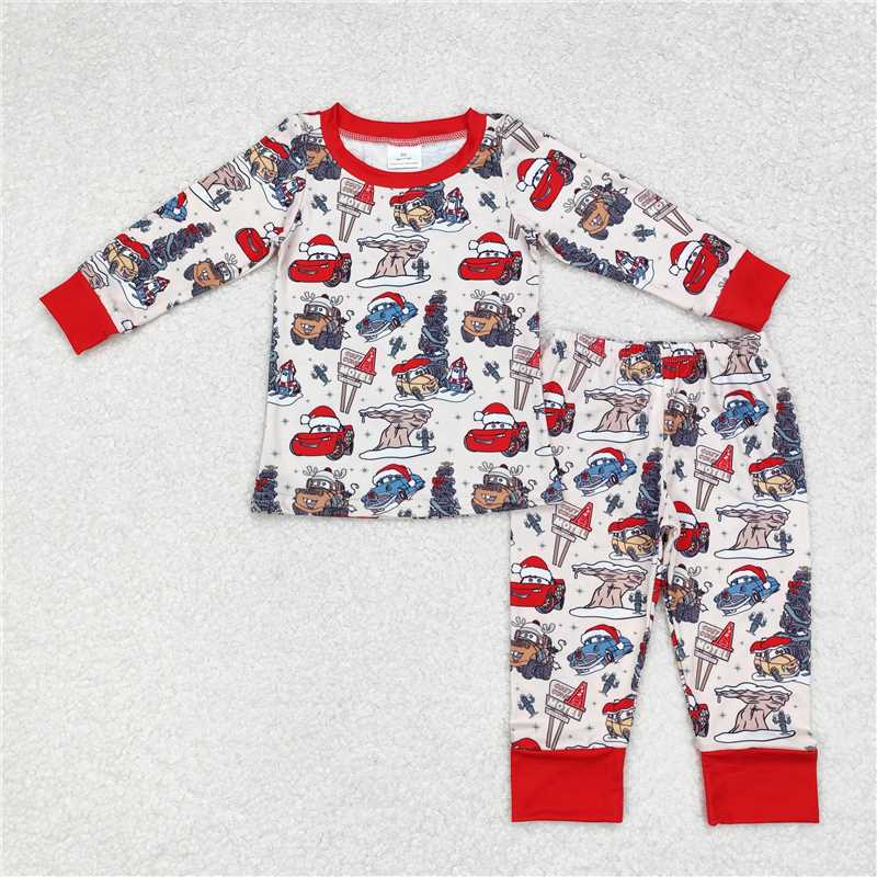 BLP0595Red long sleeves cars Christmas tree kids boys pajamas