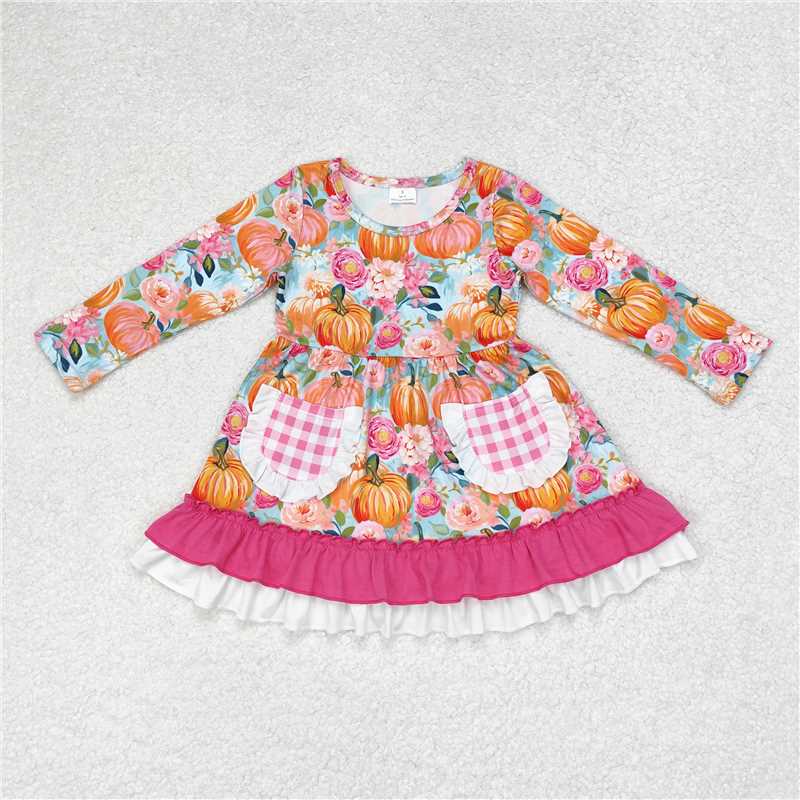 GLD0532 Baby Girls Pumpkin Flowers Sibling Rompers Dresses Clothes Sets