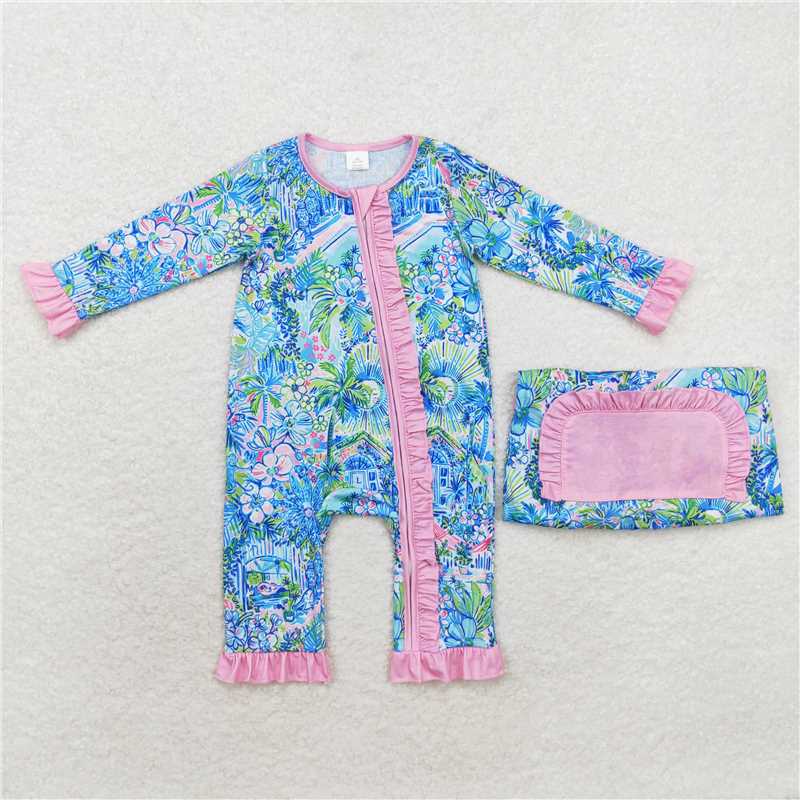 LR1339Pink ruffle watercolor blue floral baby girls zipper romper