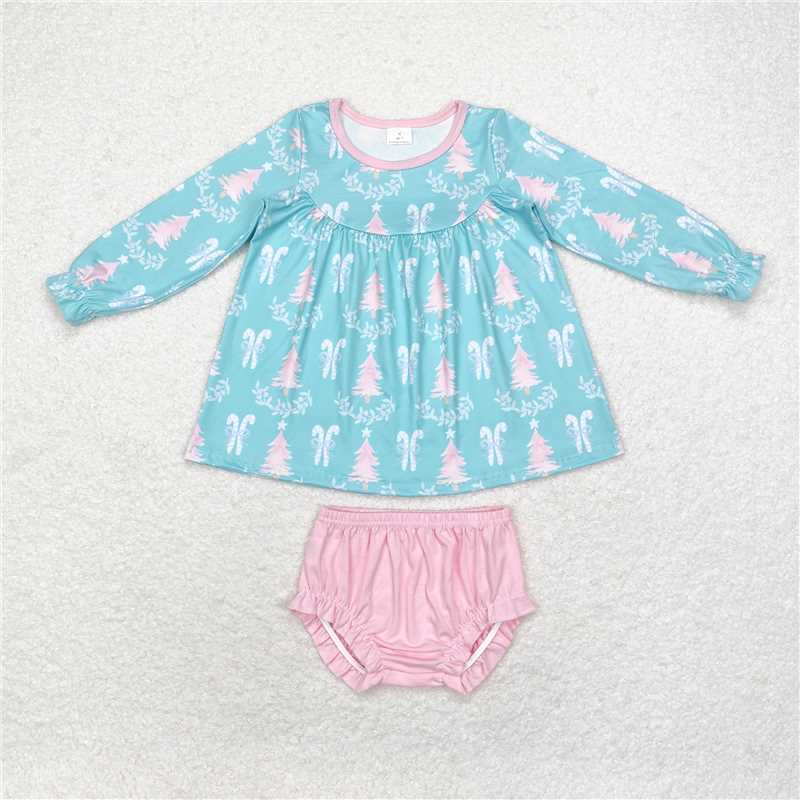 GBO0404 Baby Girls Christmas Green Tree Long Sleeve Tunic Top Bummies Clothes Sets