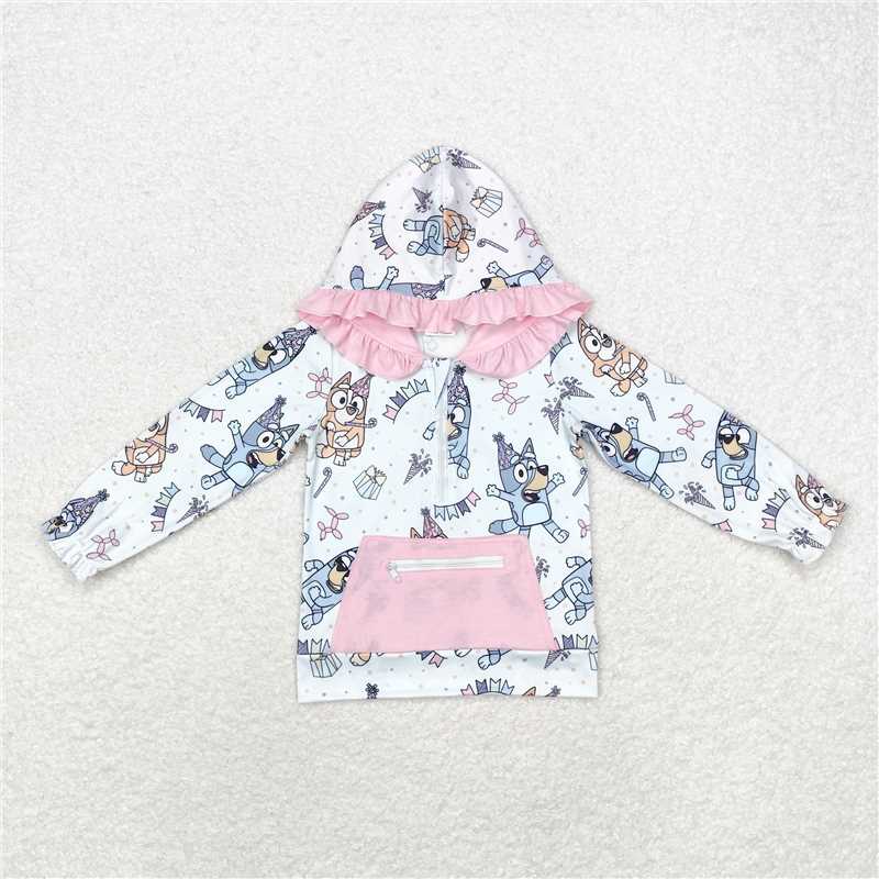 GT0634 Baby Girls Dogs Birthday Hooded Long Sleeve Tops