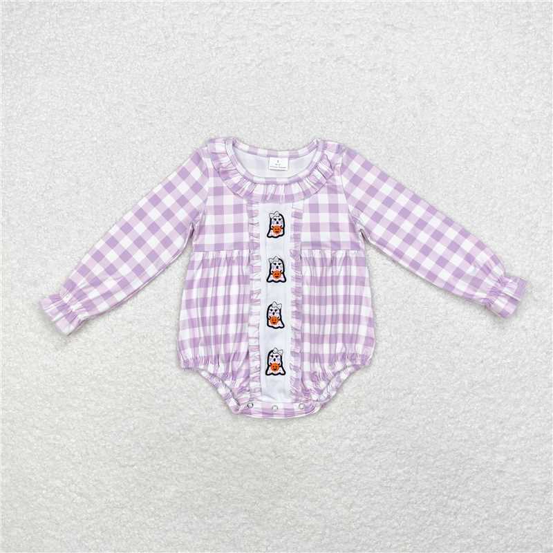 LR1299Purple plaid ghost pumpkin baby girls Halloween romper