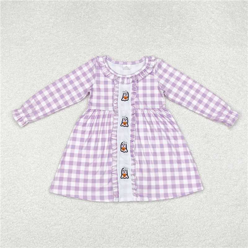 GLD0626 Baby Girls Lavender Checkered Halloween Ghost Knee Length Dresses