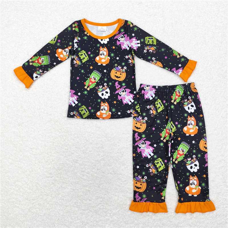 GLP1756Pumpkin dog witches kids girls Halloween pajamas