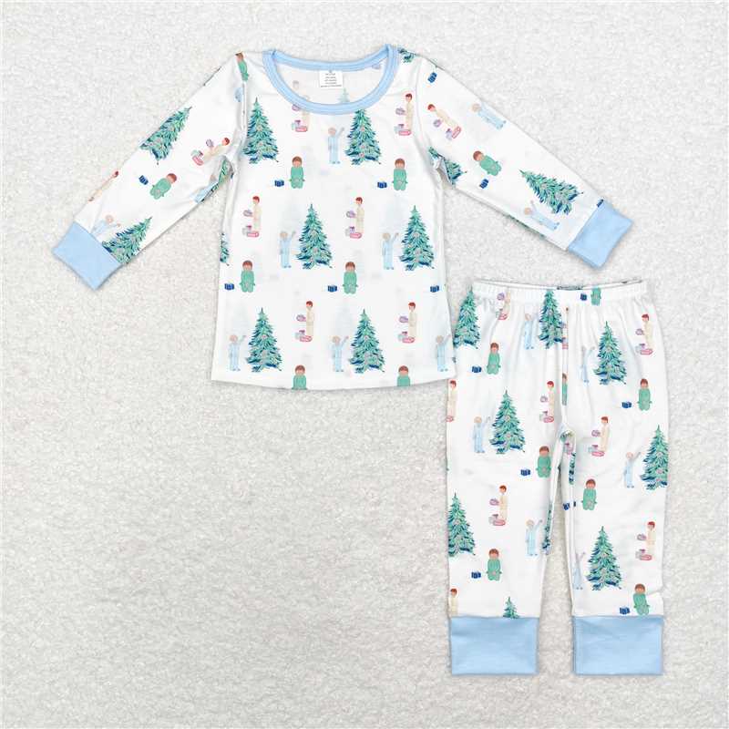 BLP0633Light blue Christmas tree kids boys bamboo pajamas