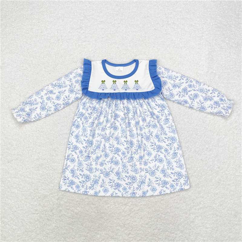 11.21 RTS NO MOQ (In stock)GLD0673 Baby Girls Blue Flowers Christmas Trees Knee Length Dresses