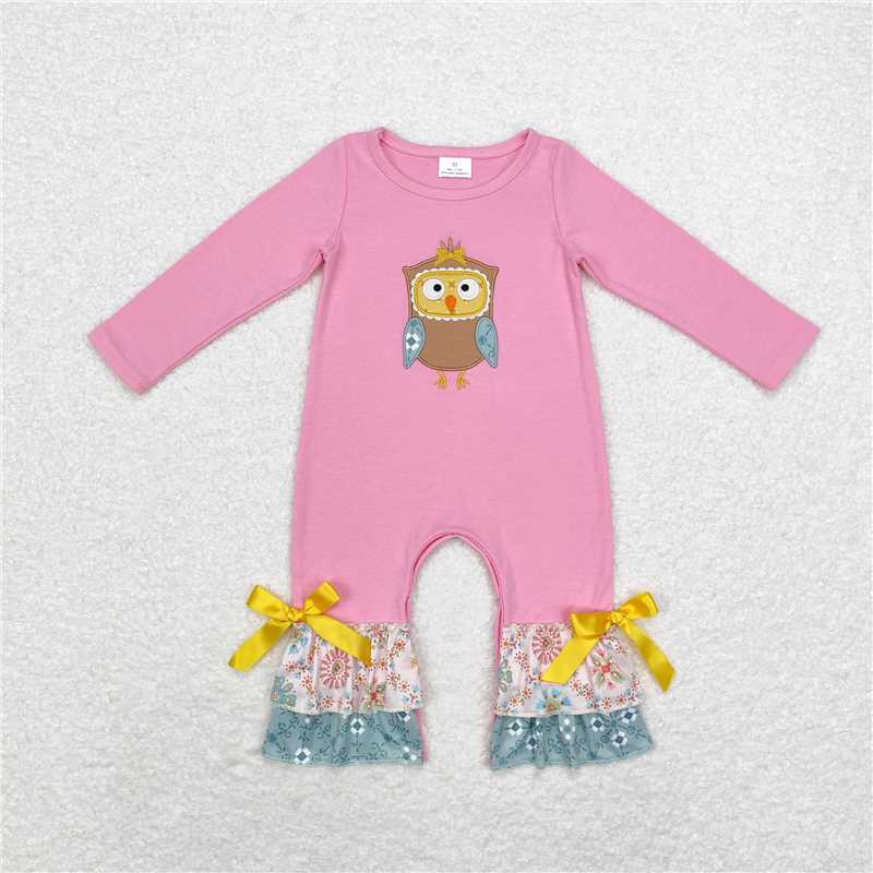 LR0494Pink owl ruffle baby girls romper