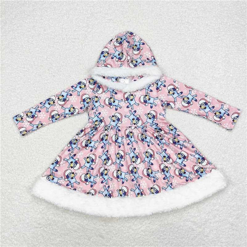 GLD0724Pink dog Christmas hat kids girls hooded dresses