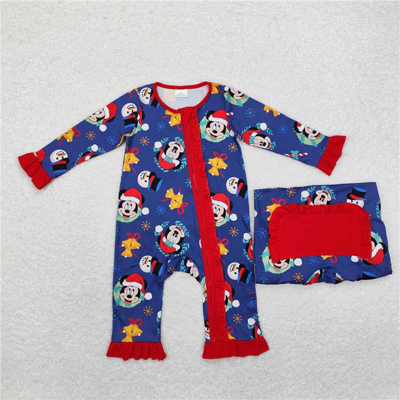 LR1416Snowman mouse Christmas hat baby girls zipper romper