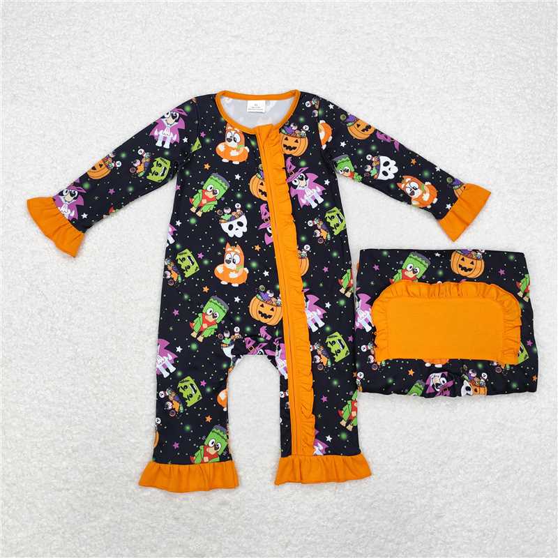 LR1694Pumpkin dog witches baby girls Halloween zipper romper
