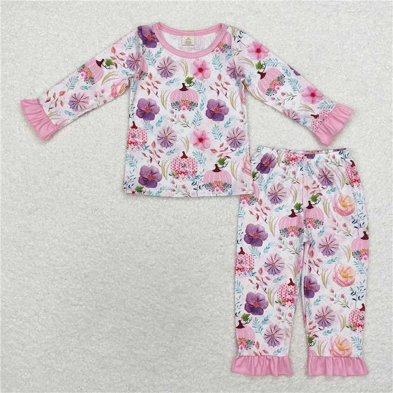 GLP1482Long sleeves ruffle pumpkin floral baby girls fall pajamas
