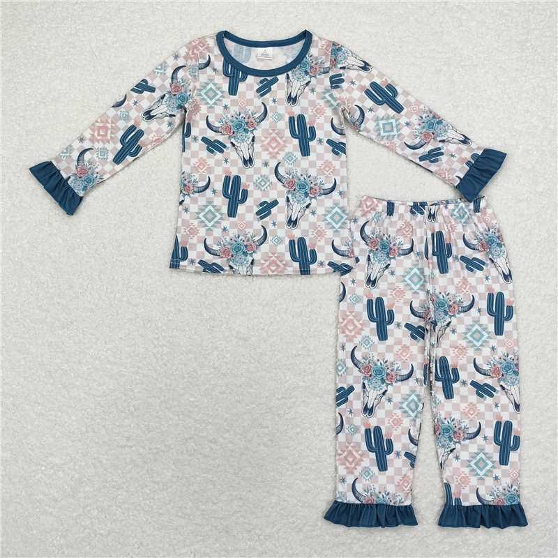 GLP1566Long sleeves bull skull cactus plaid girls western pajamas