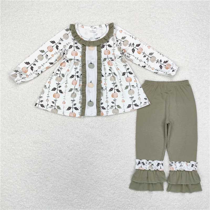 GLP1499Green bow pumpkin tunic ruffle pants kids girls fall set