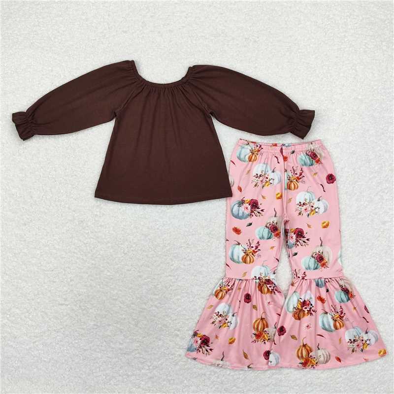 GLP1652Brown cotton top pumpkin bell bottom pants girls fall set