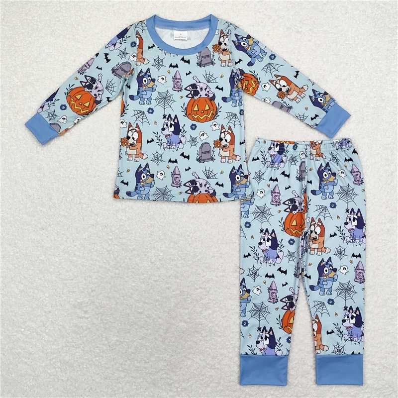BLP0726Long sleeves blue dog ghost pumpkin boys Halloween pajamas