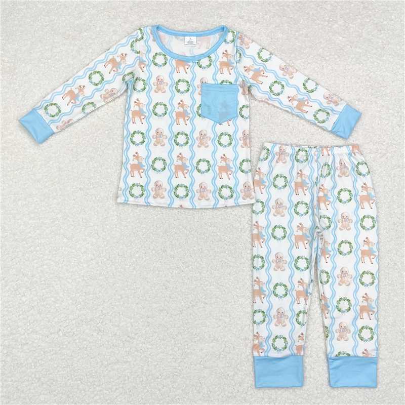 BLP0483Blue gingerbread deer kids boys Christmas pajamas