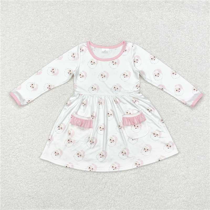 11.21 RTS NO MOQ (In stock)GLD0689 Baby Girls Christmas Pink Santa Pockets Knee Length Dresses