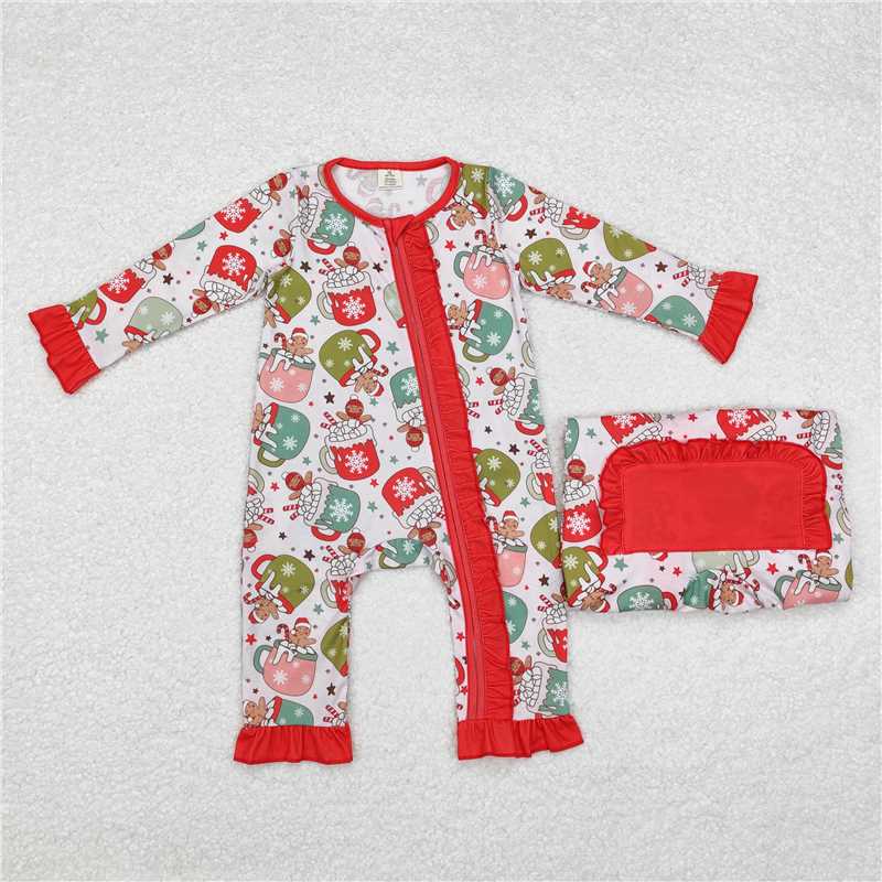 12.1 RTS NO MOQ (In stock)LR1509 Baby Infant Girls Christmas Cups Gingerbread Zip Rompers