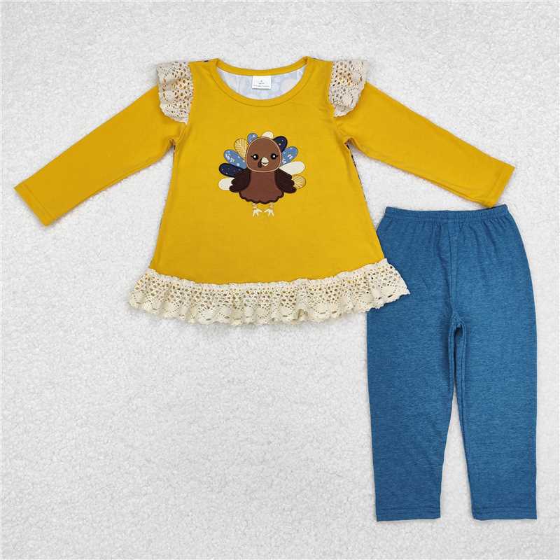 GLP1542Mustard turkey lace ruffle kids girls Thanksgiving clothes